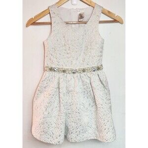 Max Studio Girl's Ivory Silver Pearl Beaded Brocade Party Dress Size 6
